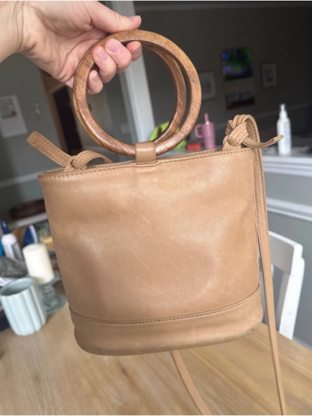 Payton James Tan Leather Bucket Bag with Wooden Ring Handle